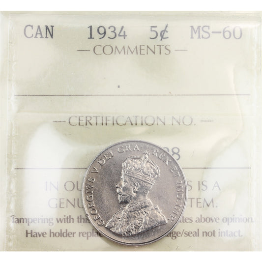 1934 Canada 5-cents ICCS Certified MS60