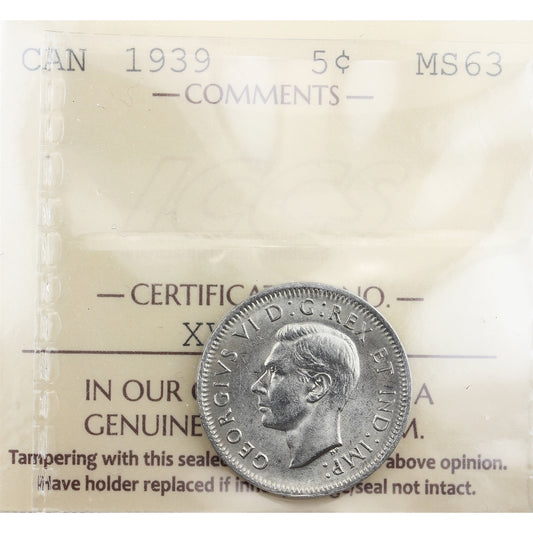 1939 Canada 5-cents ICCS Certified MS63