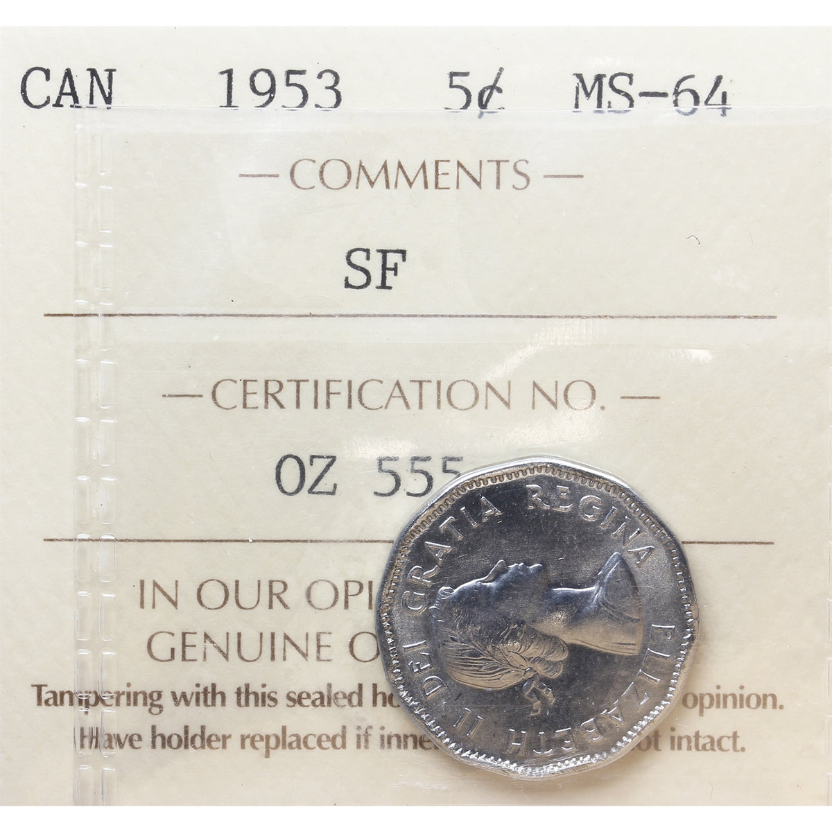 1953 SF Canada 5-cents ICCS Certified MS64