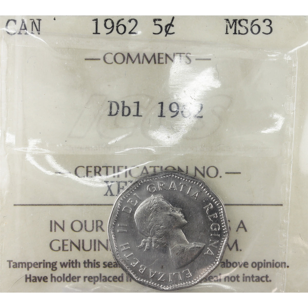 1962 Dbl 1962 Canada 5-cents ICCS Certified MS63