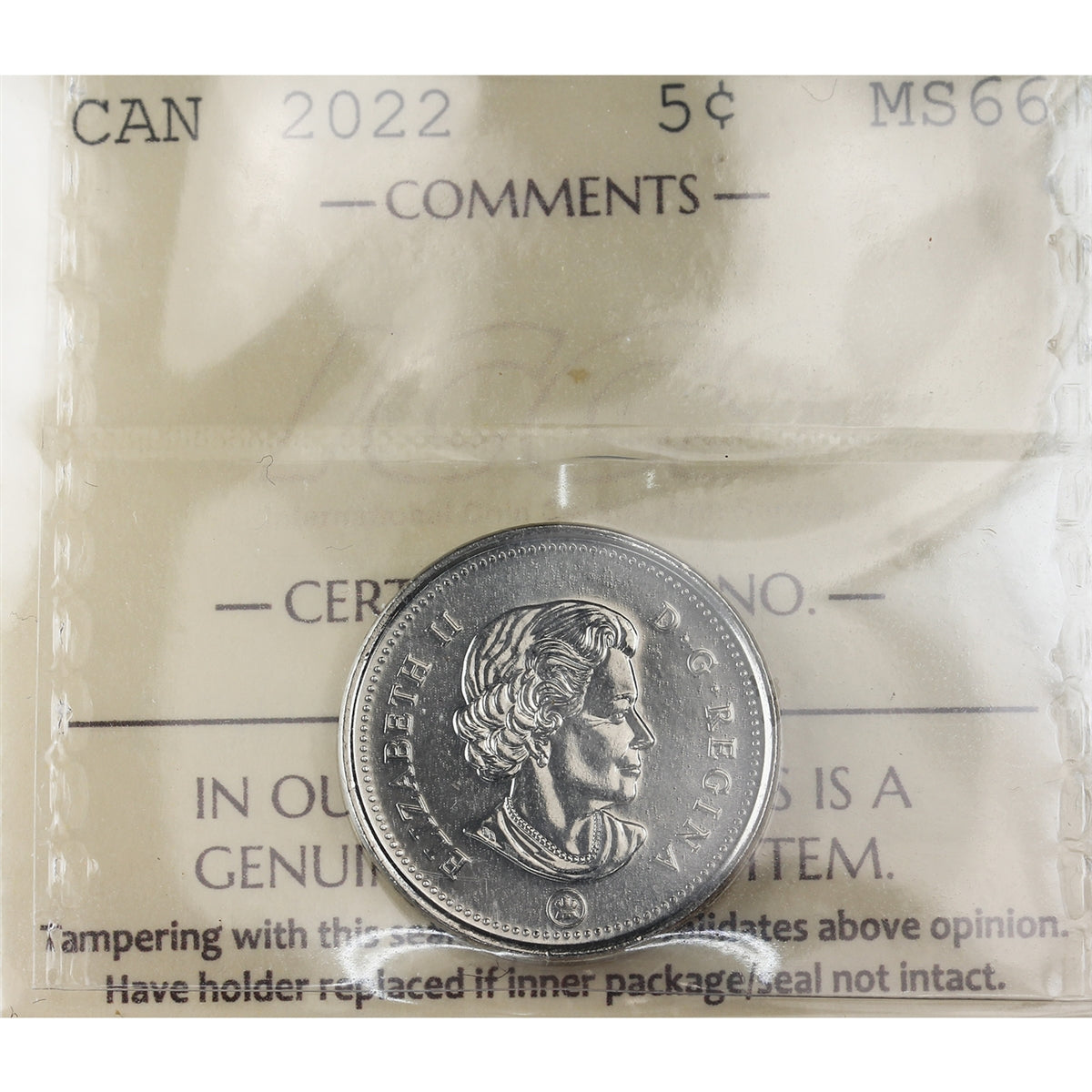 2022 Canada 5-cents ICCS Certified MS66