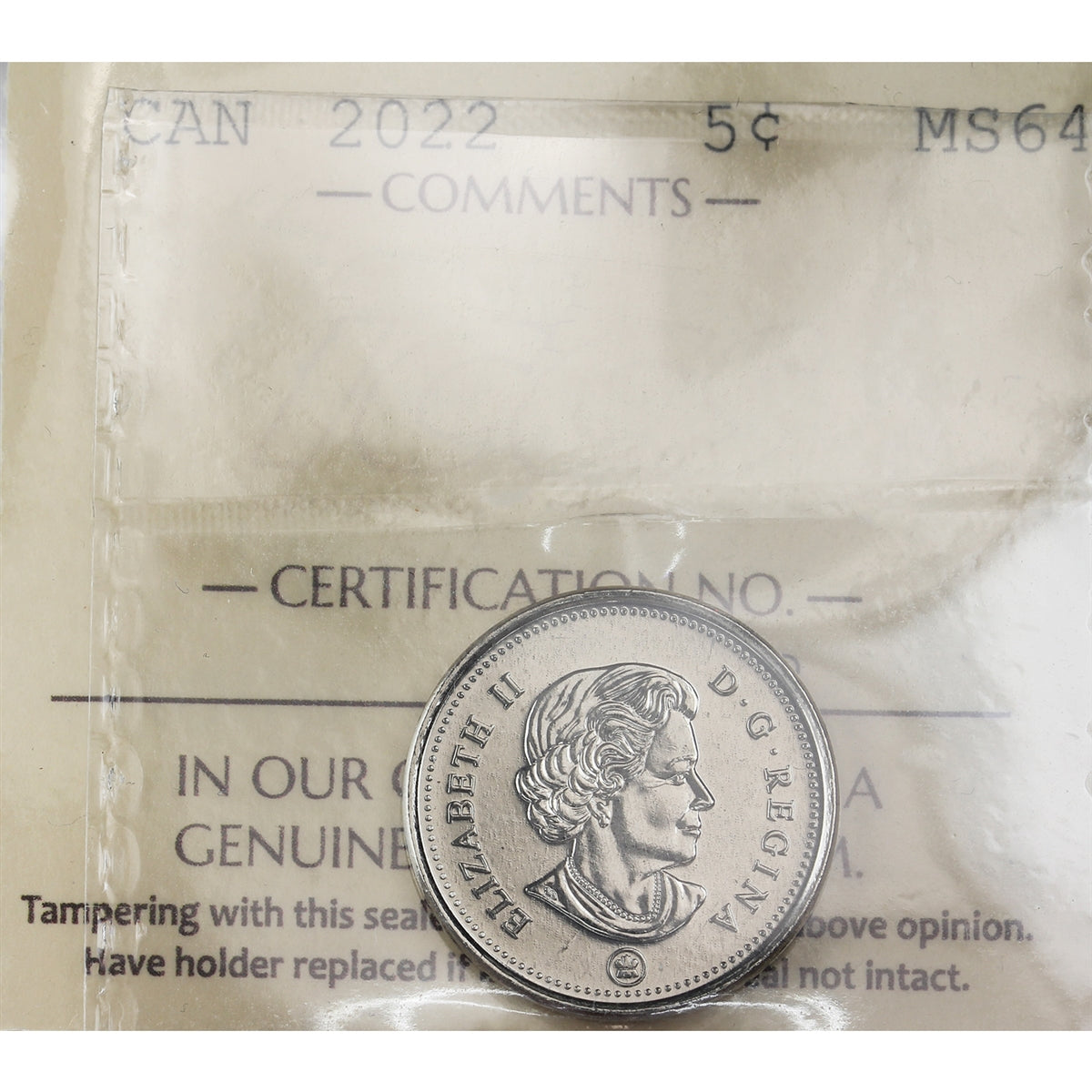 2022 Canada 5-cents ICCS Certified MS64