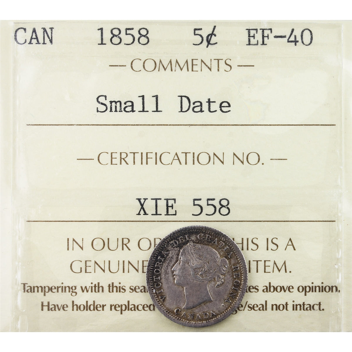 1858 Small Date Canada 5-cents ICCS Certified EF40