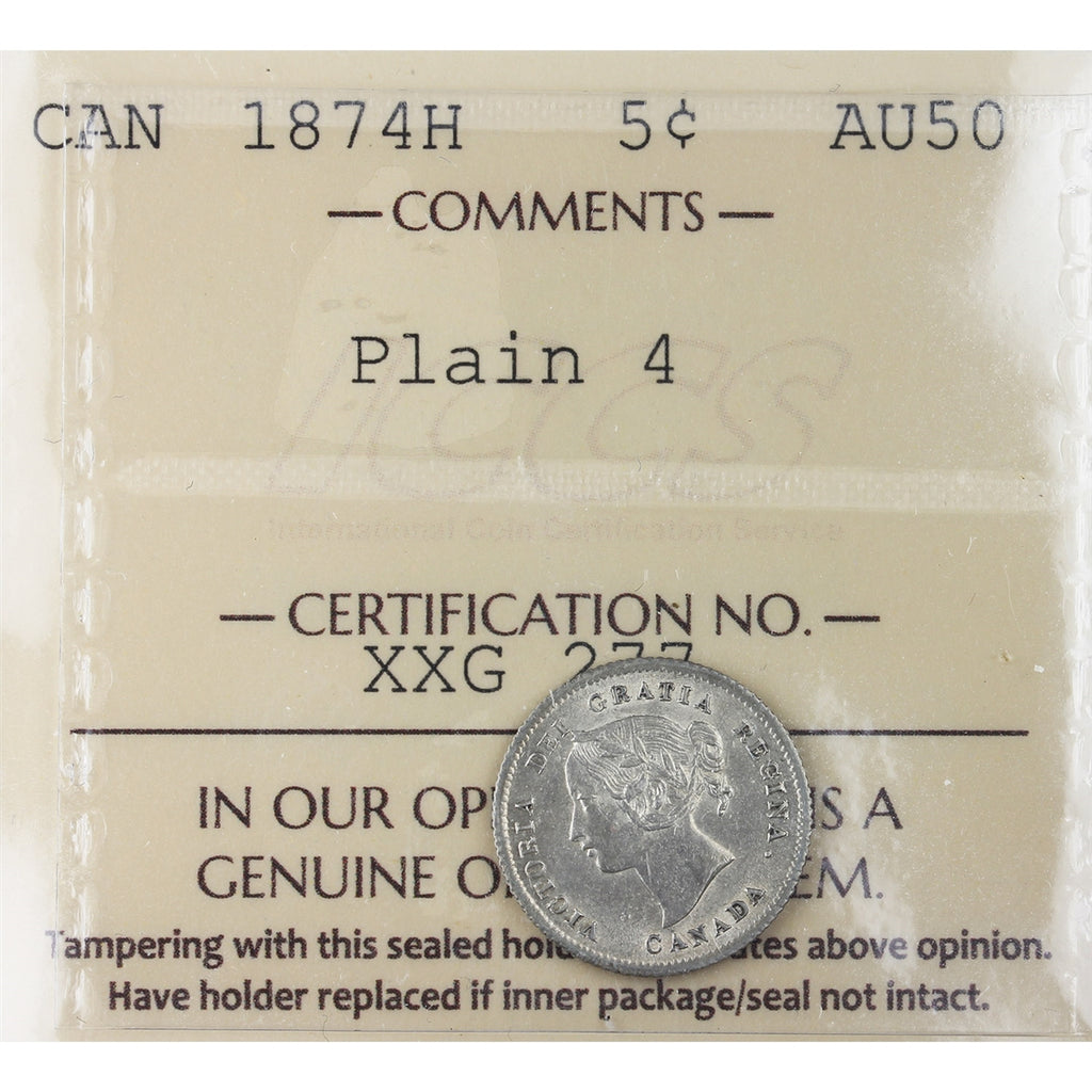 1874H Plain 4 Canada 5-cents ICCS Certified AU50