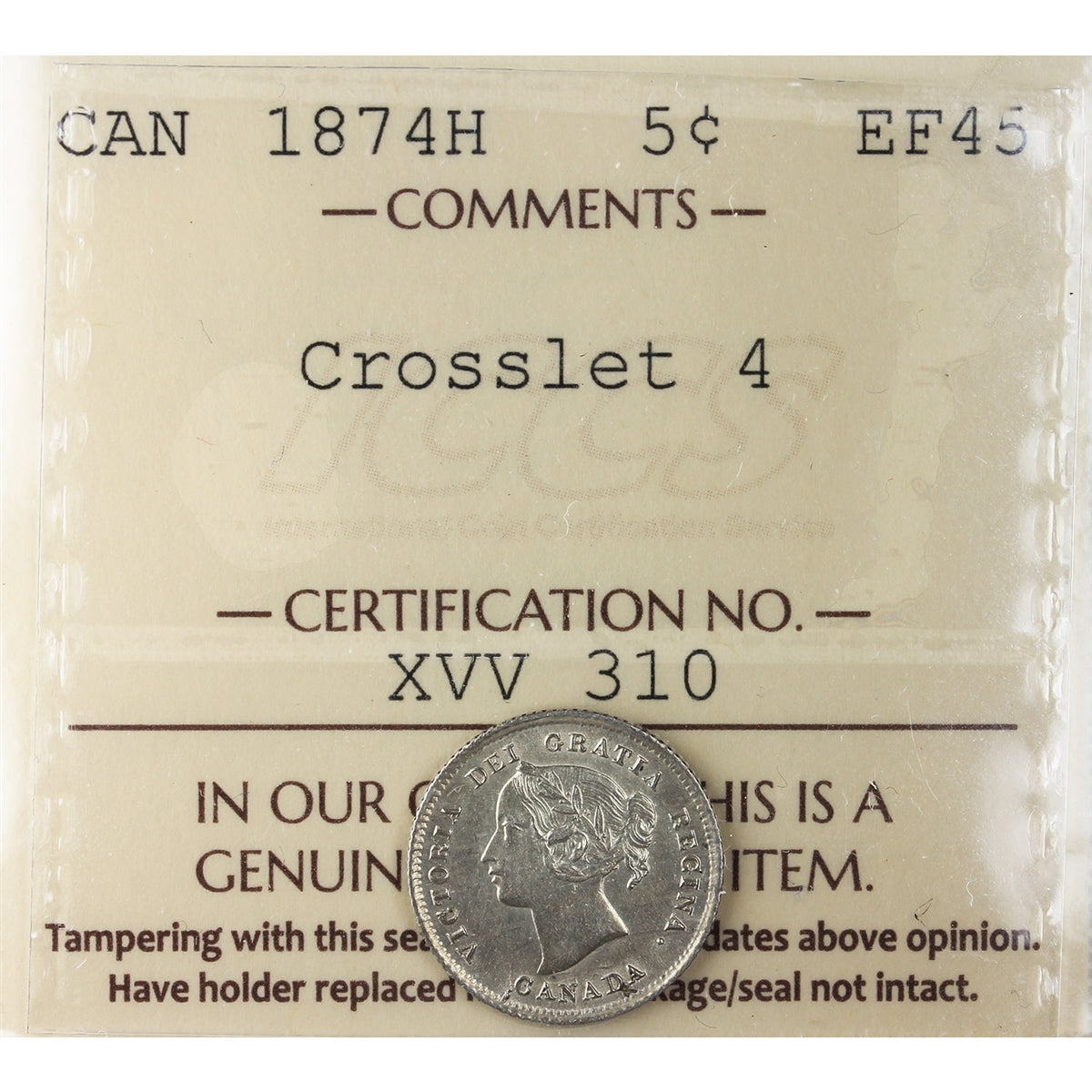 1874H Crosslet 4 Canada 5-cents ICCS Certified EF45