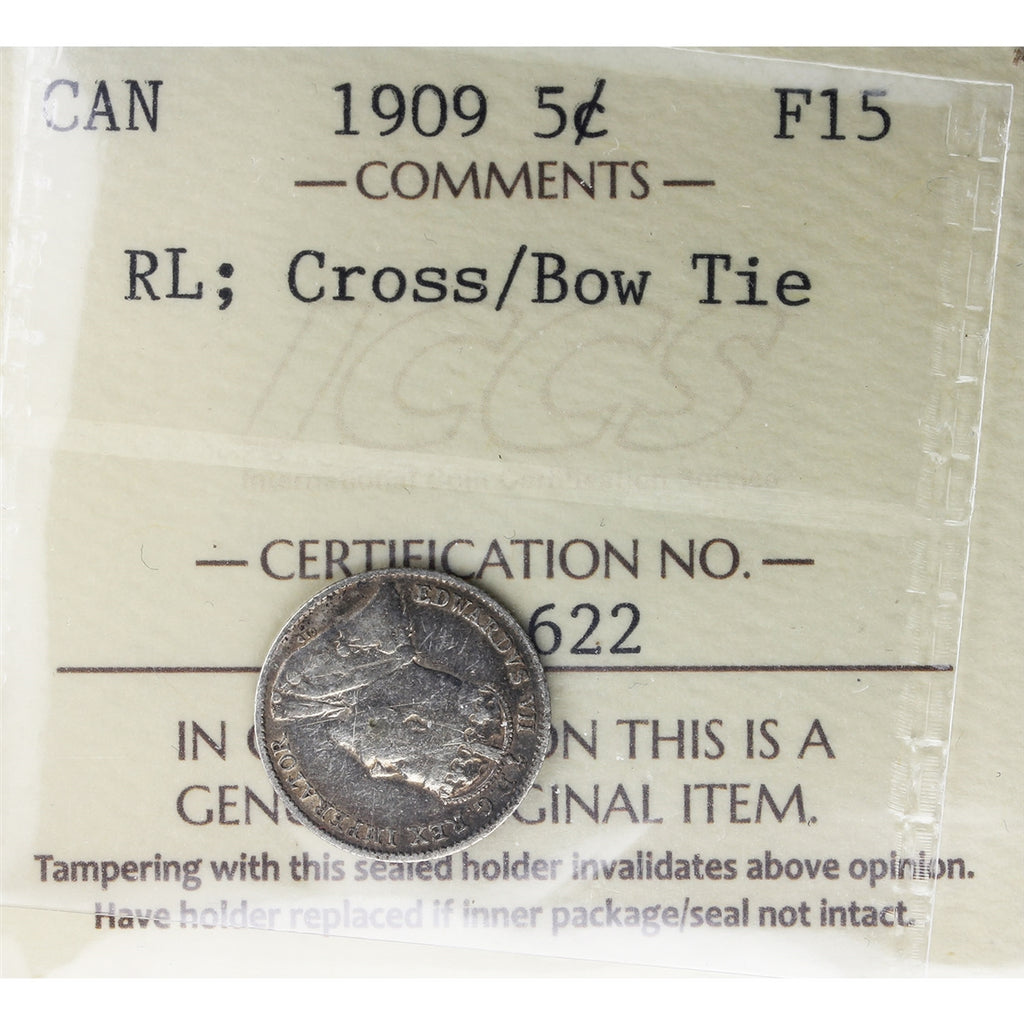 1909 RL, Cross/Bow Tie Canada 5-cents ICCS Certified F15