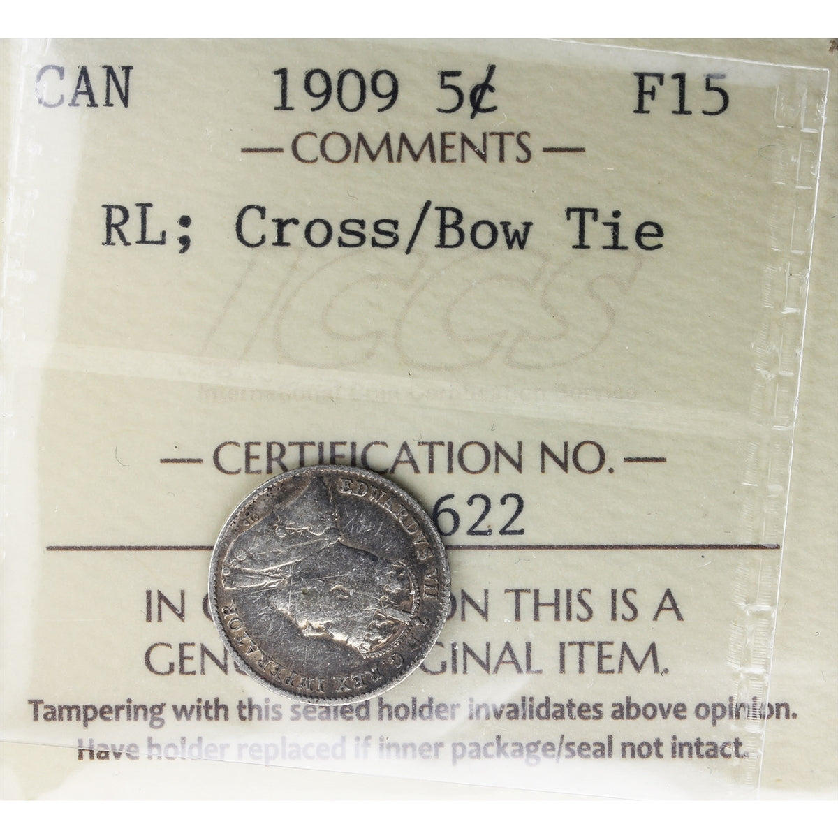 1909 RL, Cross/Bow Tie Canada 5-cents ICCS Certified F15