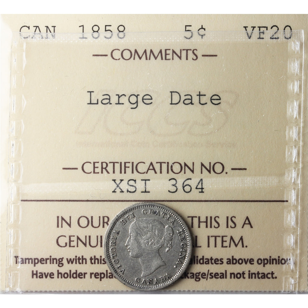 1858 Large Date 5-cents ICCS Certified VF20