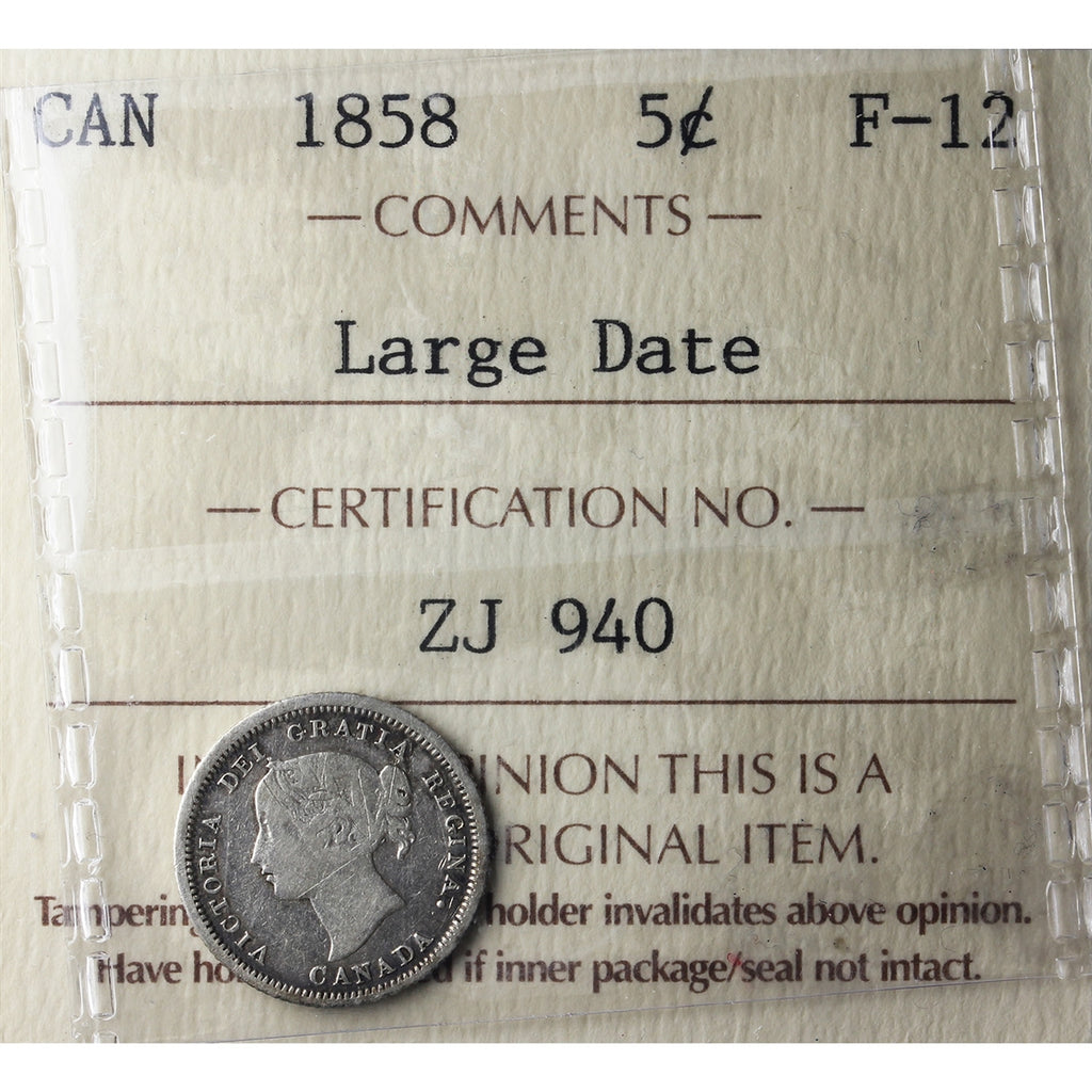 1858 Large Date 5-cents ICCS Certified F12