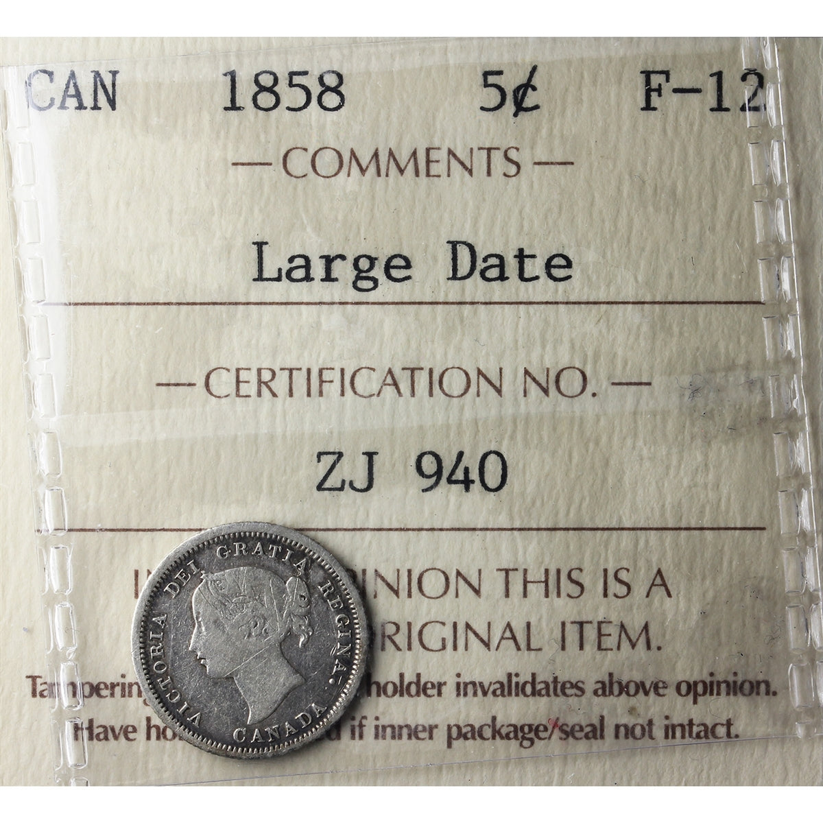 1858 Large Date 5-cents ICCS Certified F12