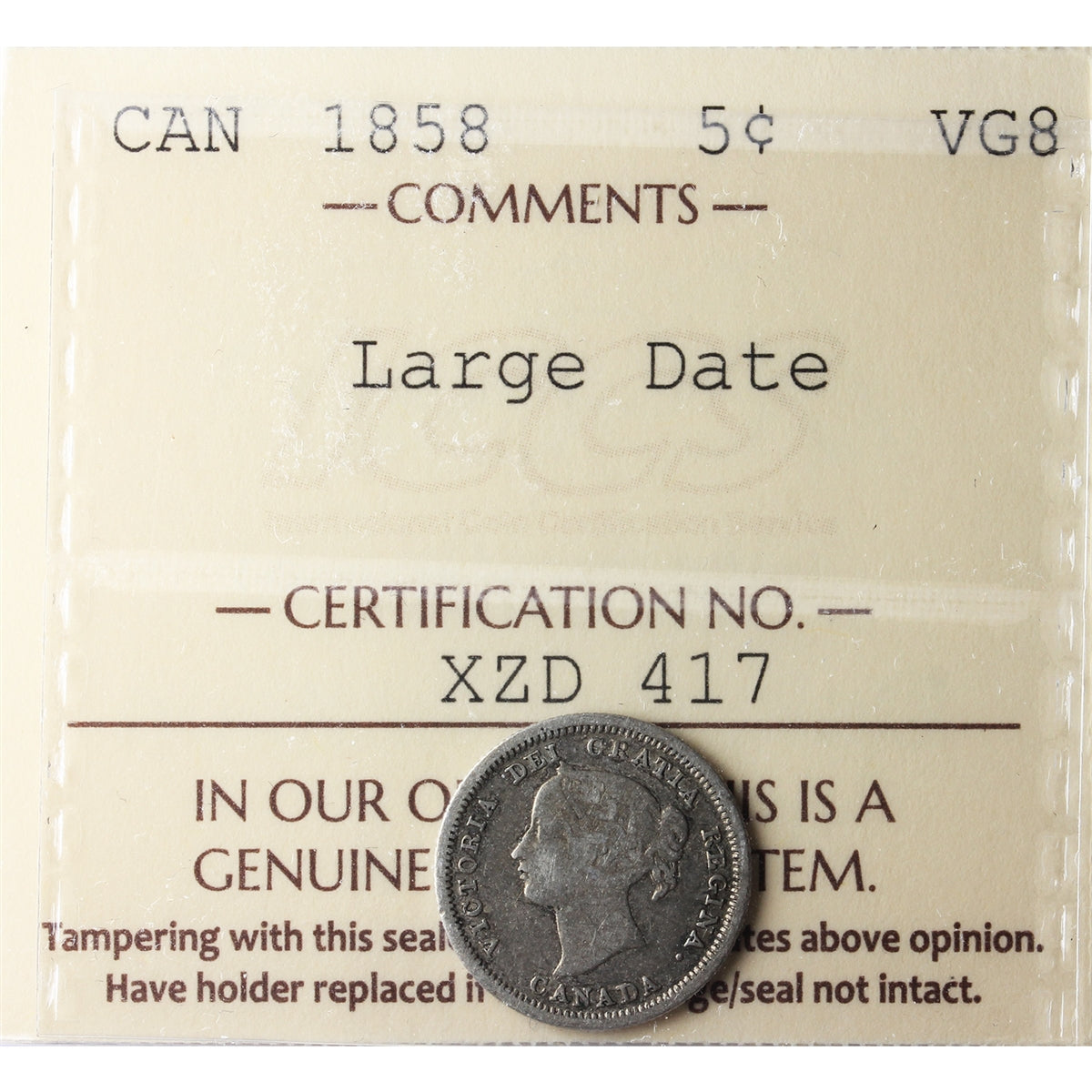 1858 Large Date 5-cents ICCS Certified VG8