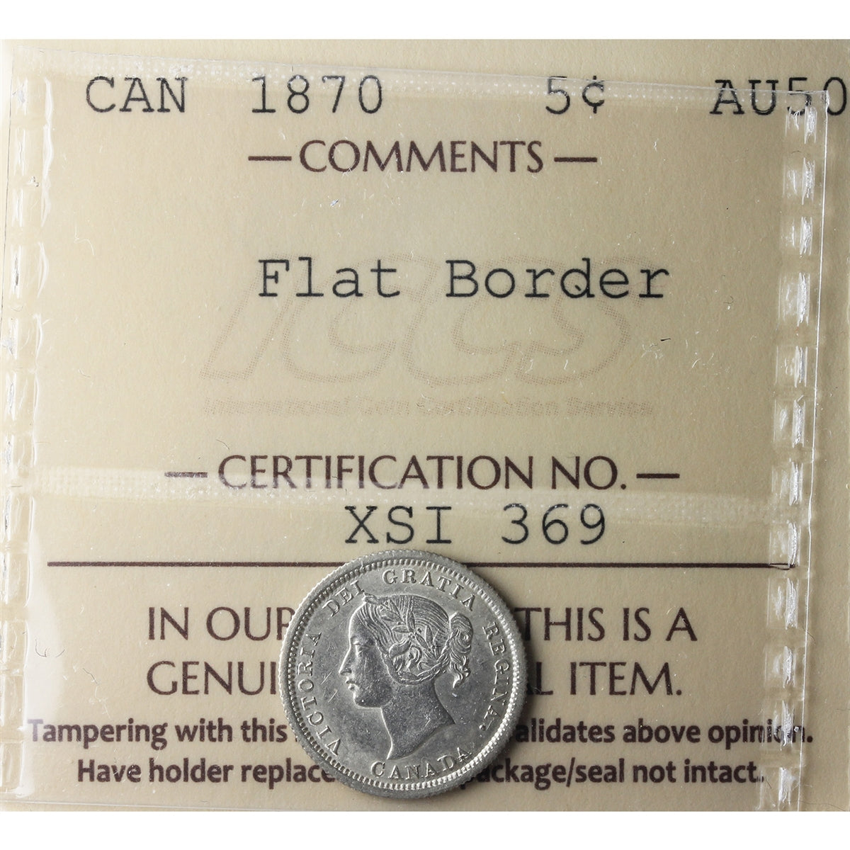 1870 Flat Border Canada 5-cents ICCS Certified AU50