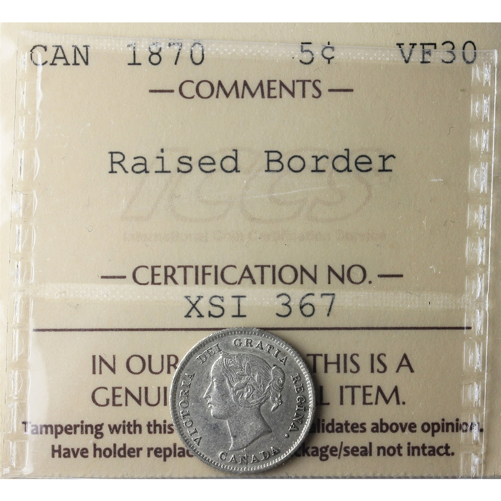 1870 Raised Border Canada 5-cents ICCS Certified VF30
