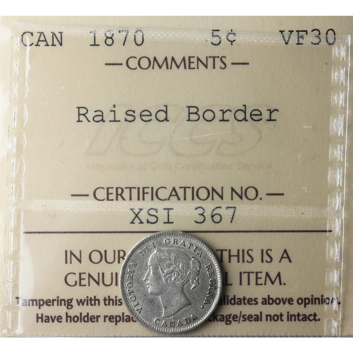 1870 Raised Border Canada 5-cents ICCS Certified VF30