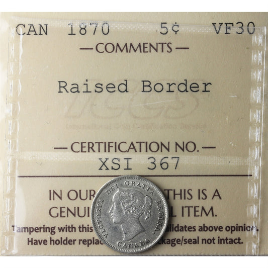 1870 Raised Border Canada 5-cents ICCS Certified VF30