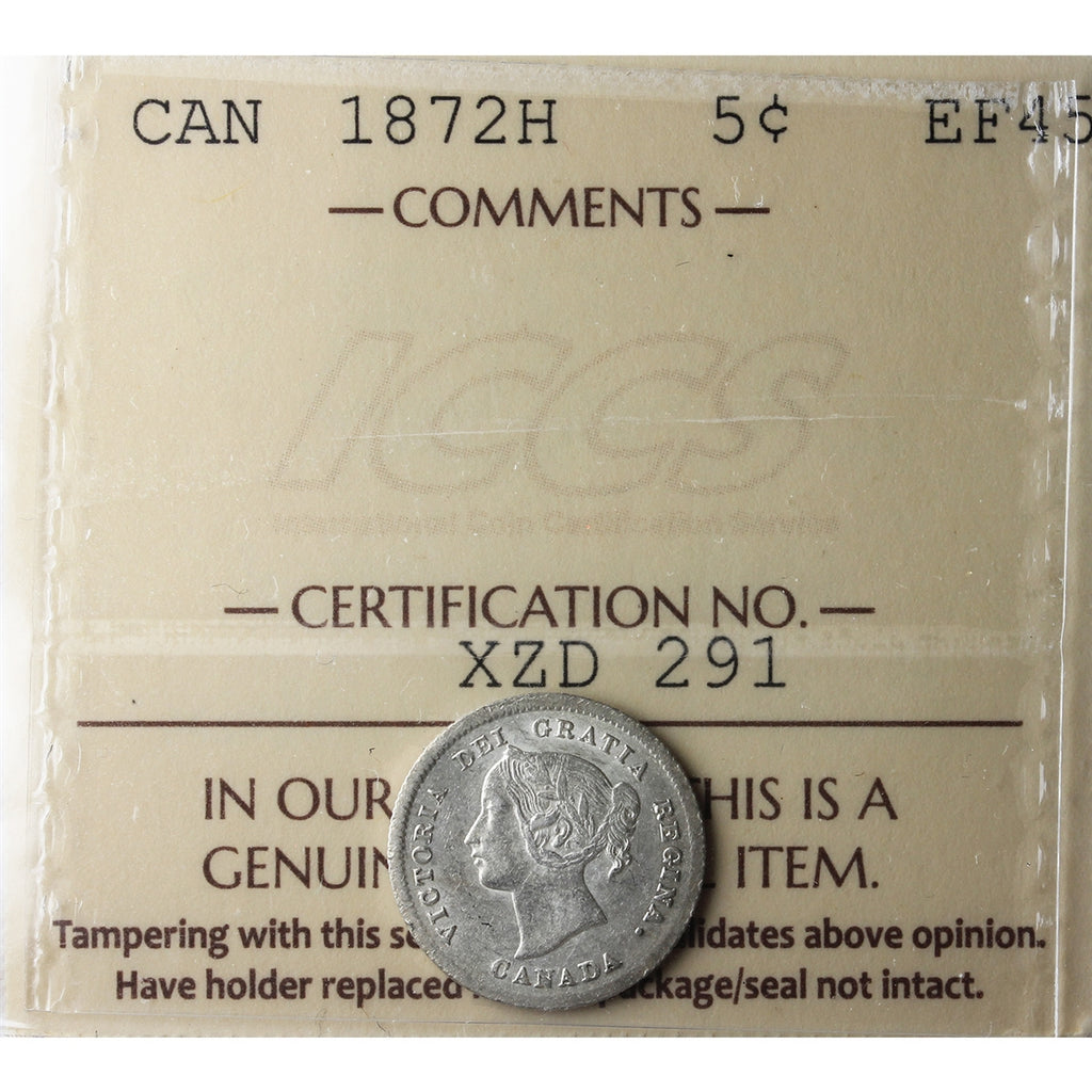 1872H Canada 5-cents ICCS Certified EF45