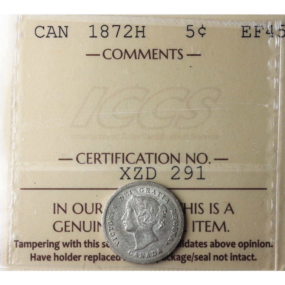 1872H Canada 5-cents ICCS Certified EF45