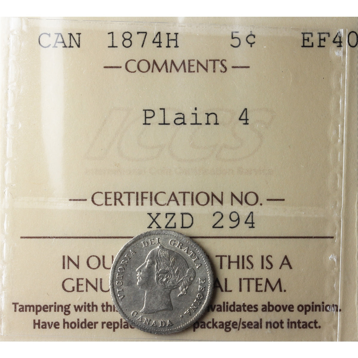 1874H Plain 4 Canada 5-cents ICCS Certified EF40