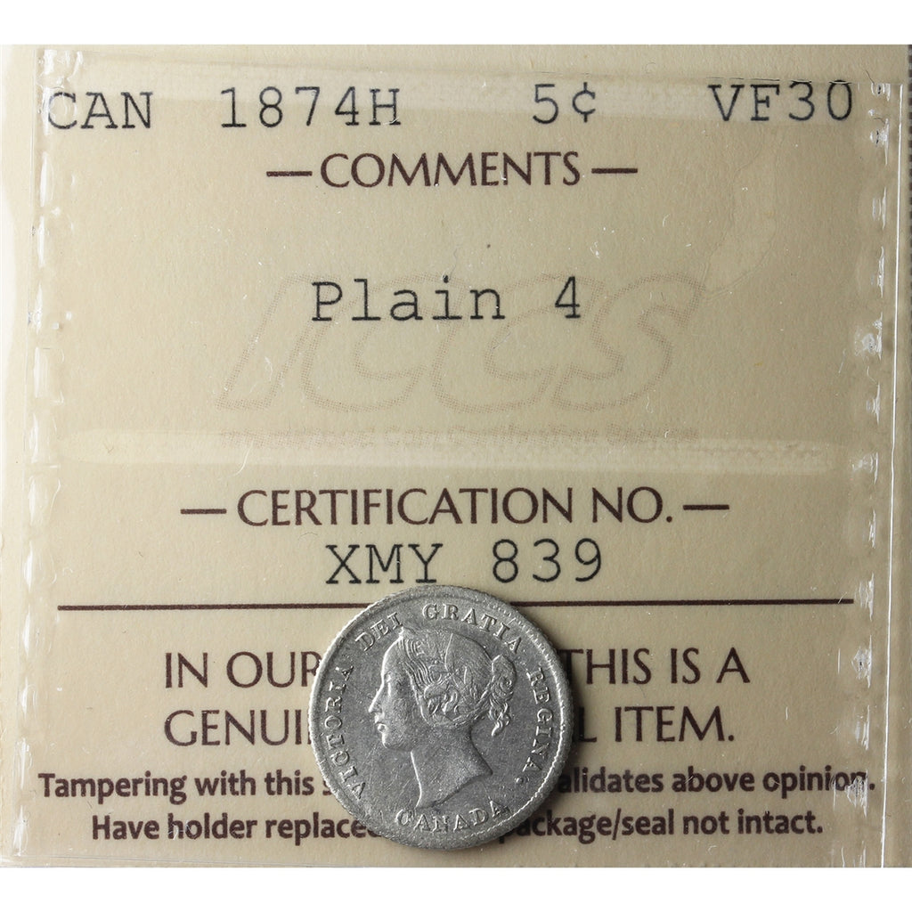 1874H Plain 4 Canada 5-cents ICCS Certified VF30