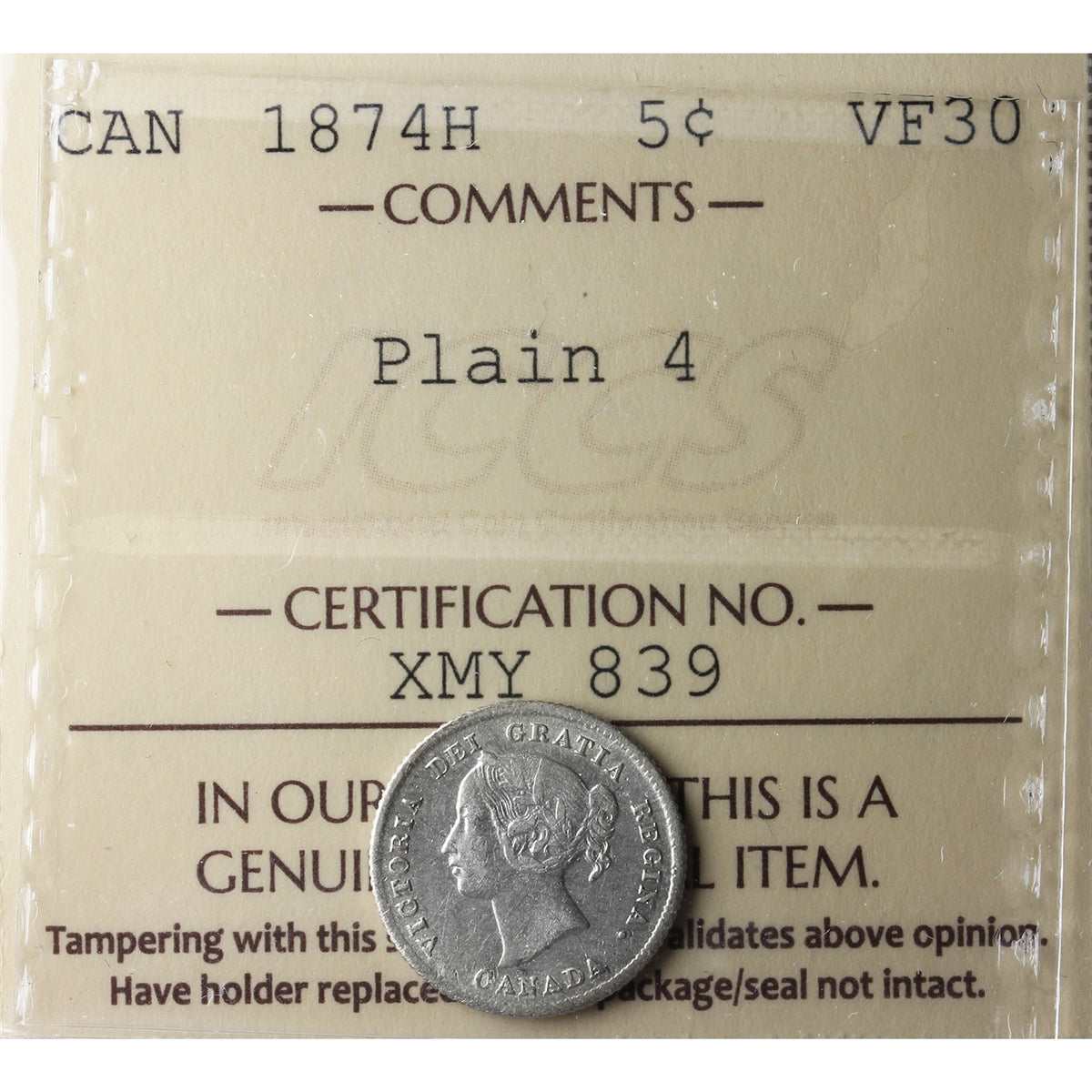 1874H Plain 4 Canada 5-cents ICCS Certified VF30