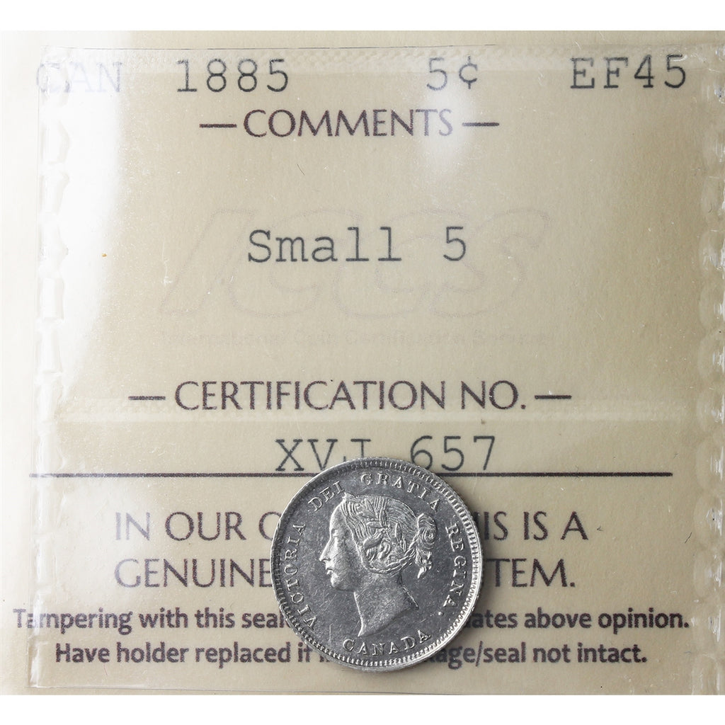 1885 Small 5 Canada 5-cents ICCS Certified EF45