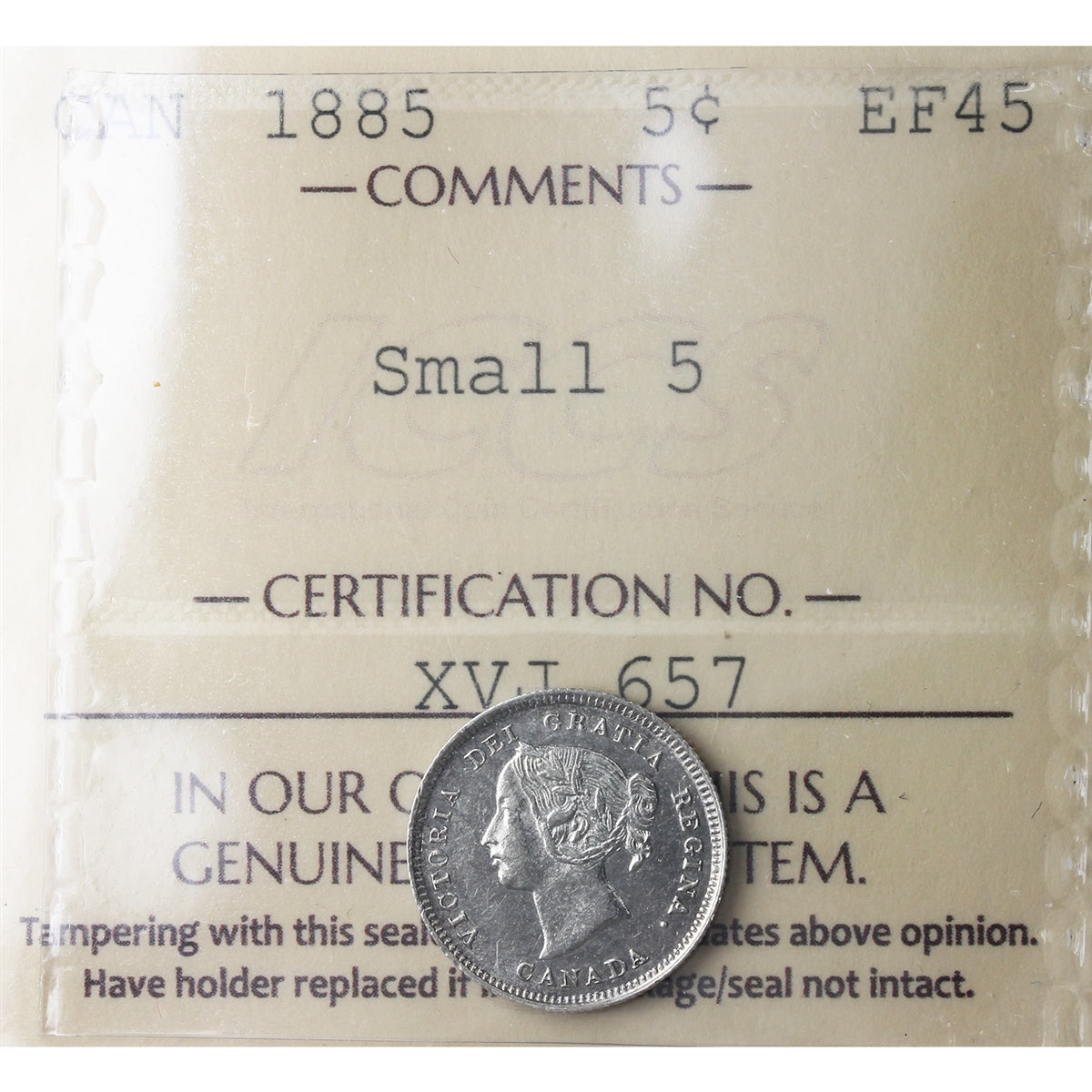 1885 Small 5 Canada 5-cents ICCS Certified EF45