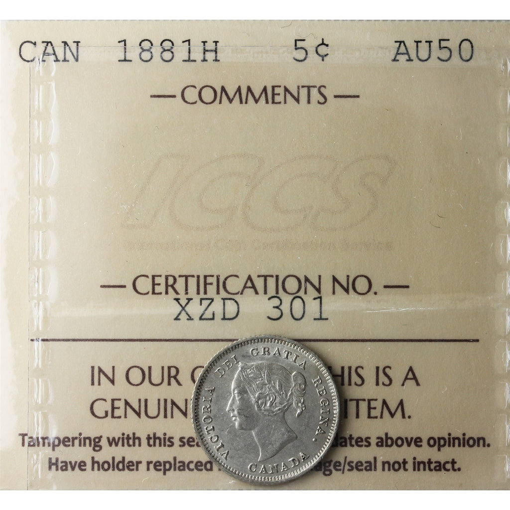 1881H Canada 5-cents ICCS Certified AU50