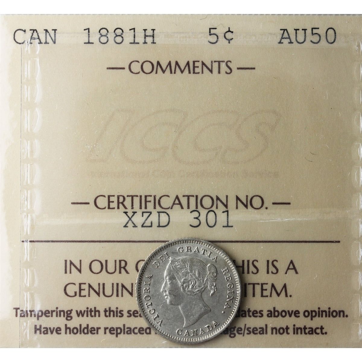 1881H Canada 5-cents ICCS Certified AU50