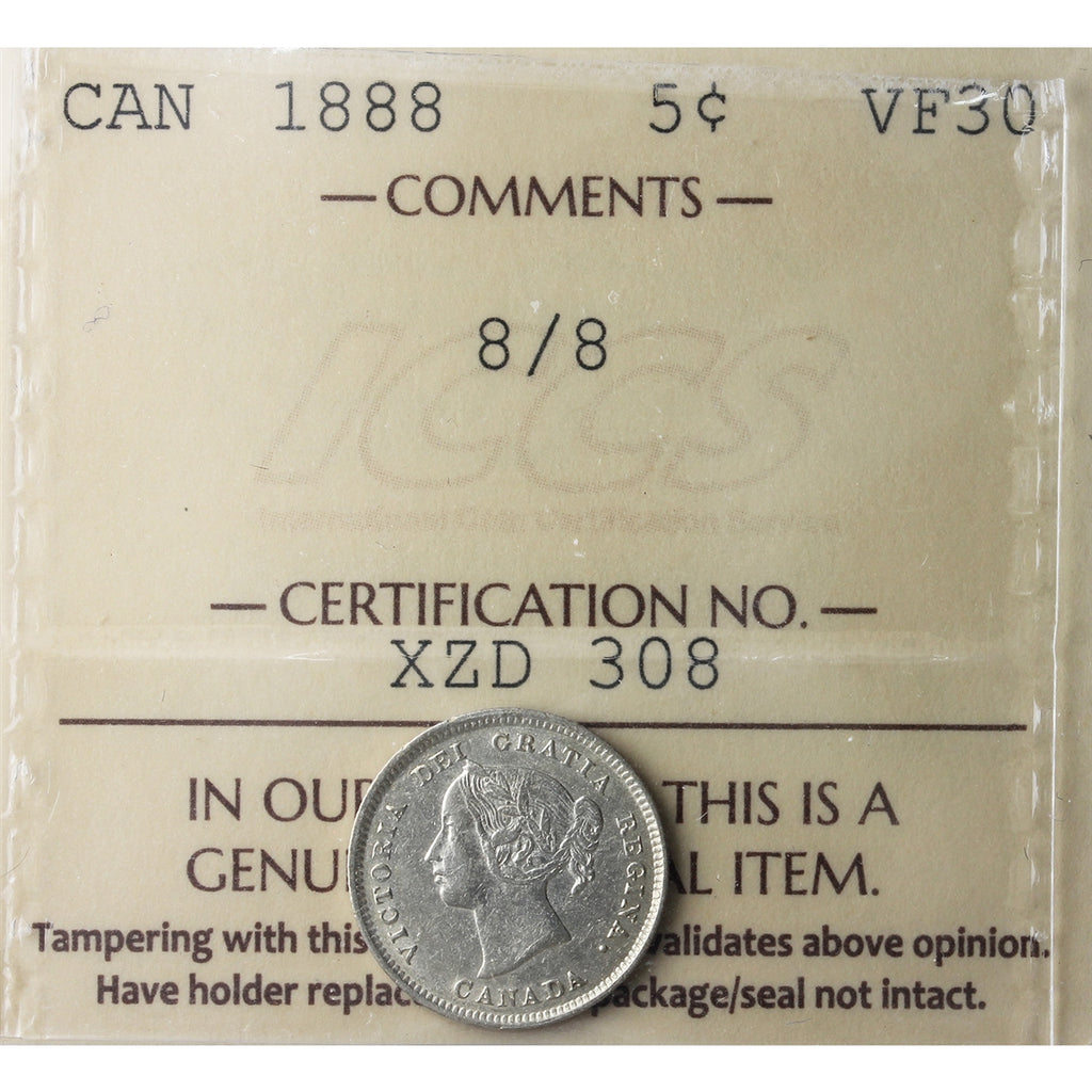1888 8/8 Canada 5-cents ICCS Certified VF30