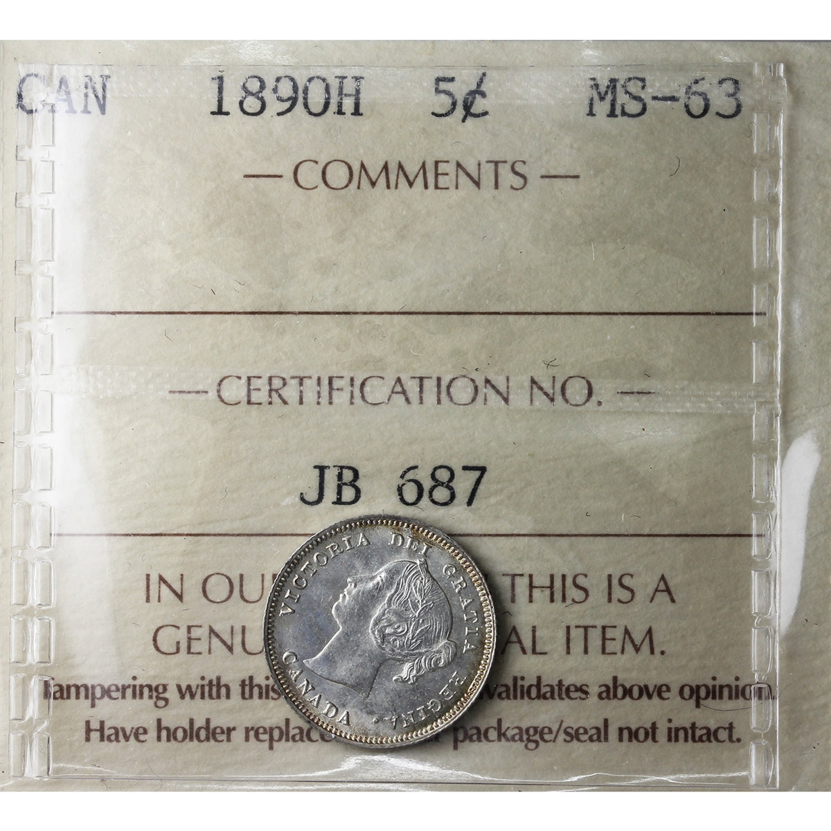 1890H Canada 5-cents ICCS Certified MS63 (JB 687)