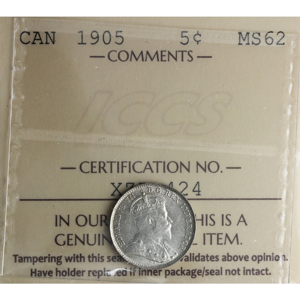 1905 Canada 5-cents ICCS Certified MS62 (XZD 424)