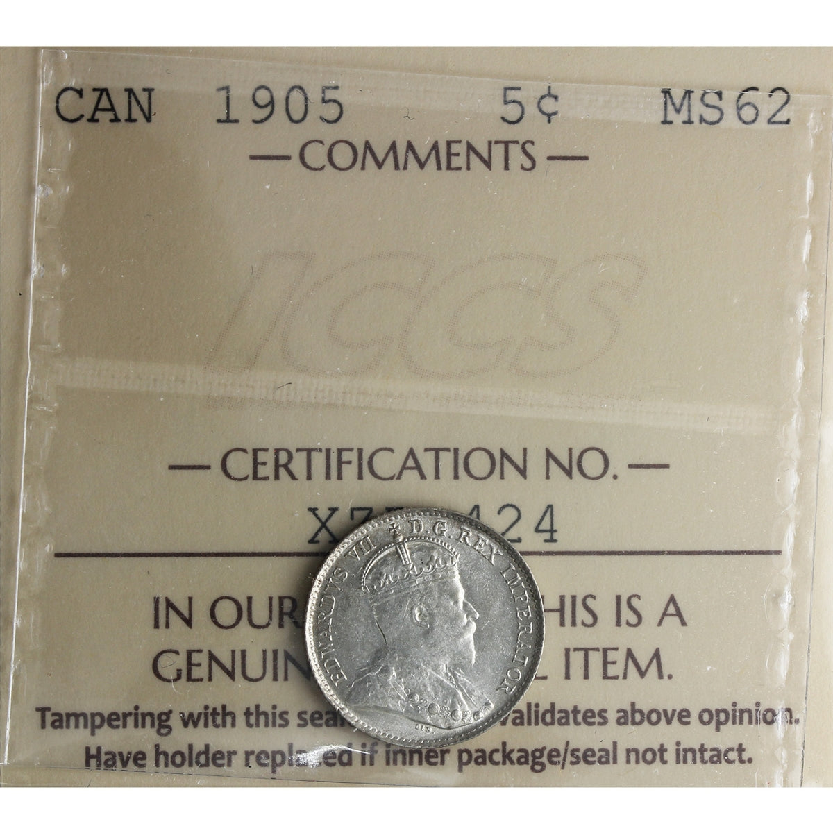 1905 Canada 5-cents ICCS Certified MS62 (XZD 424)