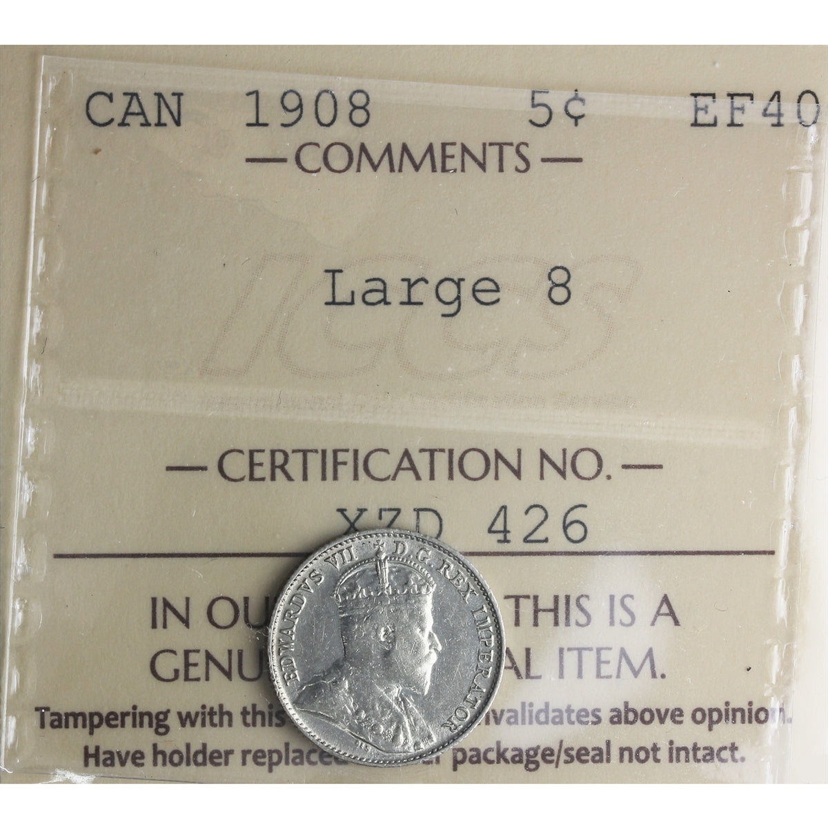 1908 Large 8 Canada 5-cents ICCS Certified EF40