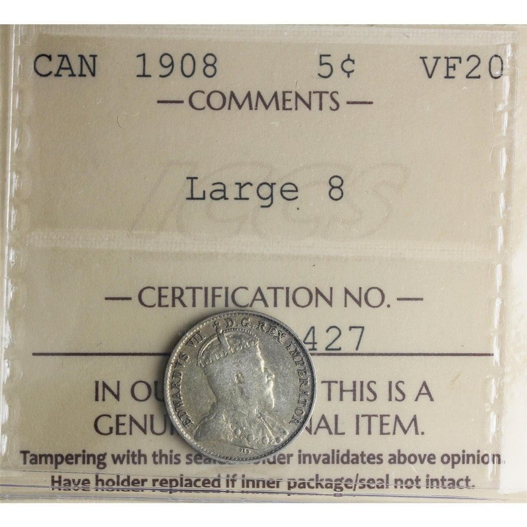 1908 Large 8 Canada 5-cents ICCS Certified VF20