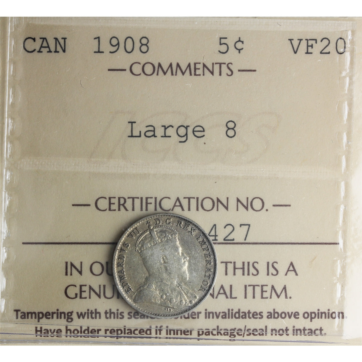 1908 Large 8 Canada 5-cents ICCS Certified VF20