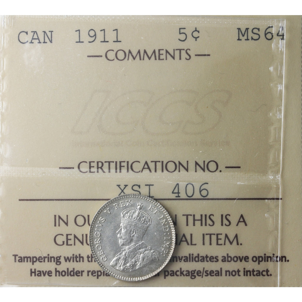 1911 Canada 5-cents ICCS Certified MS64 (XSI 406)