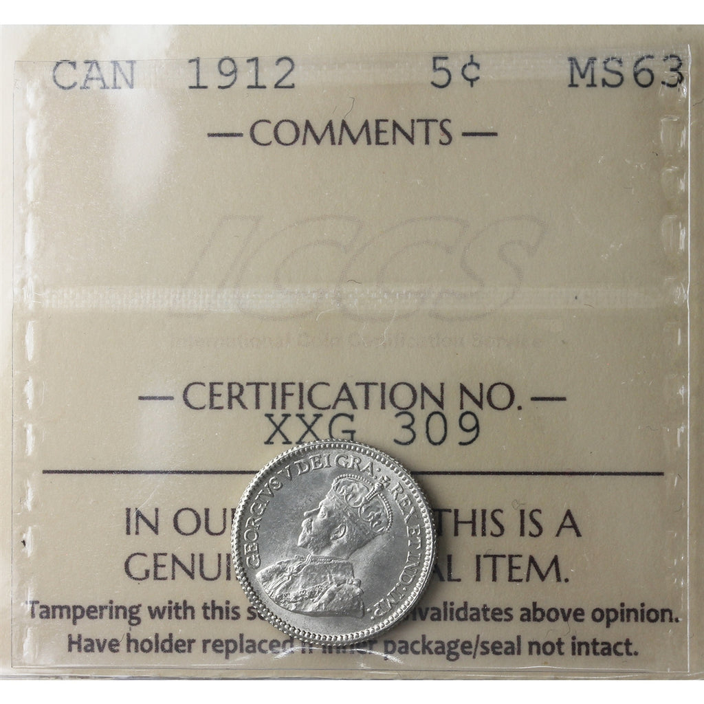 1912 Canada 5-cents ICCS Certified MS63 (XXG 309)