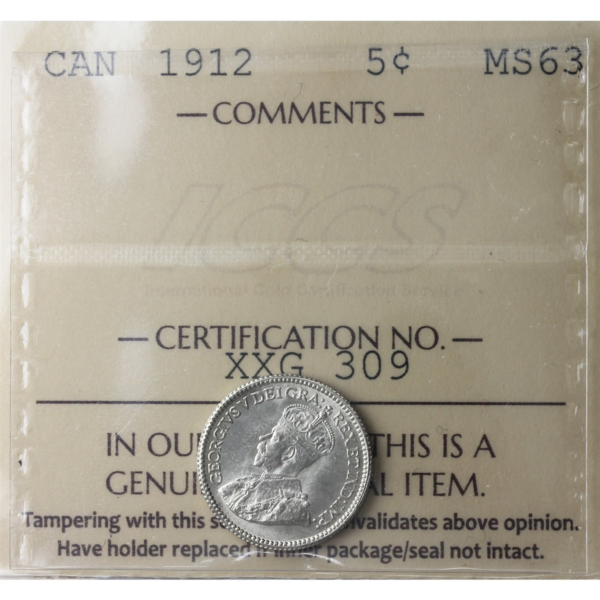 1912 Canada 5-cents ICCS Certified MS63 (XXG 309)