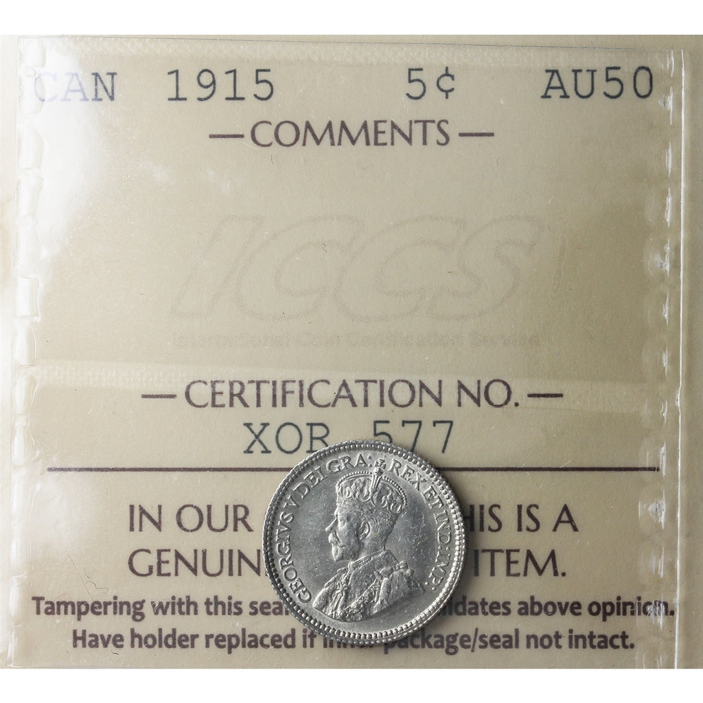1915 Canada 5-cents ICCS Certified AU50