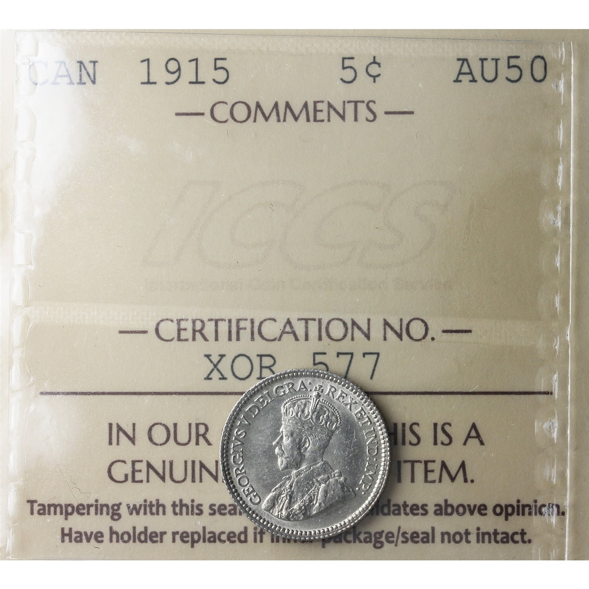 1915 Canada 5-cents ICCS Certified AU50