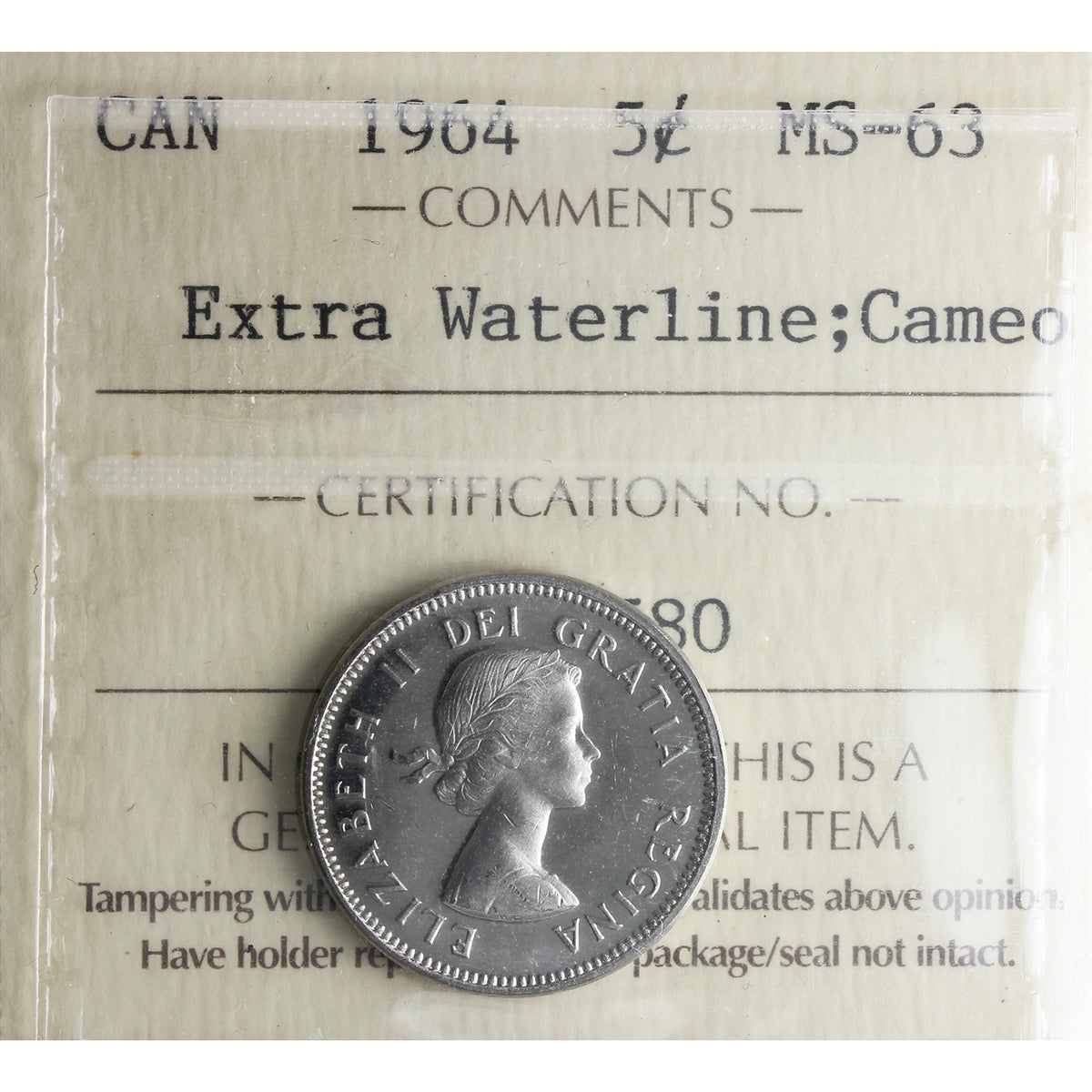 1964 Extra Waterline Canada 5-cents ICCS Certified MS-63 Cameo