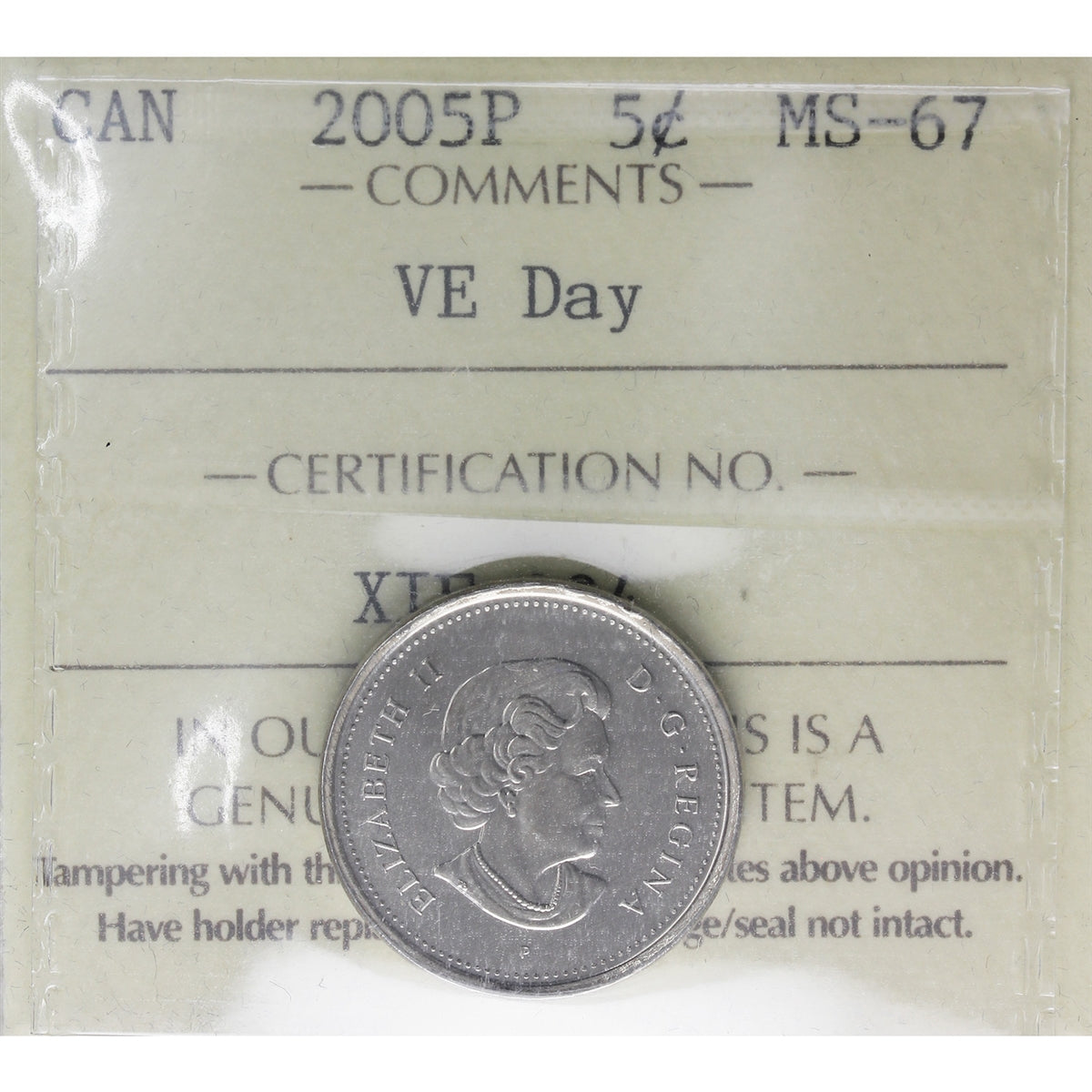 2005P VE Day Canada 5-cents ICCS Certified MS67