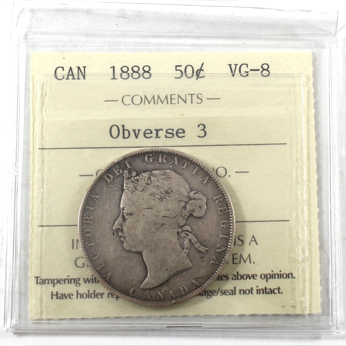 1888 Obv. 3 Canada 50-cents ICCS Certified VG8