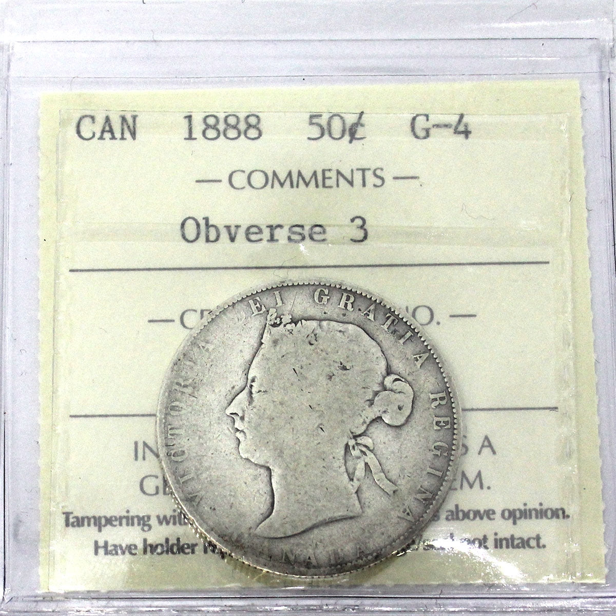 1888 Obv. 3 Canada 50-cents ICCS Certified G4