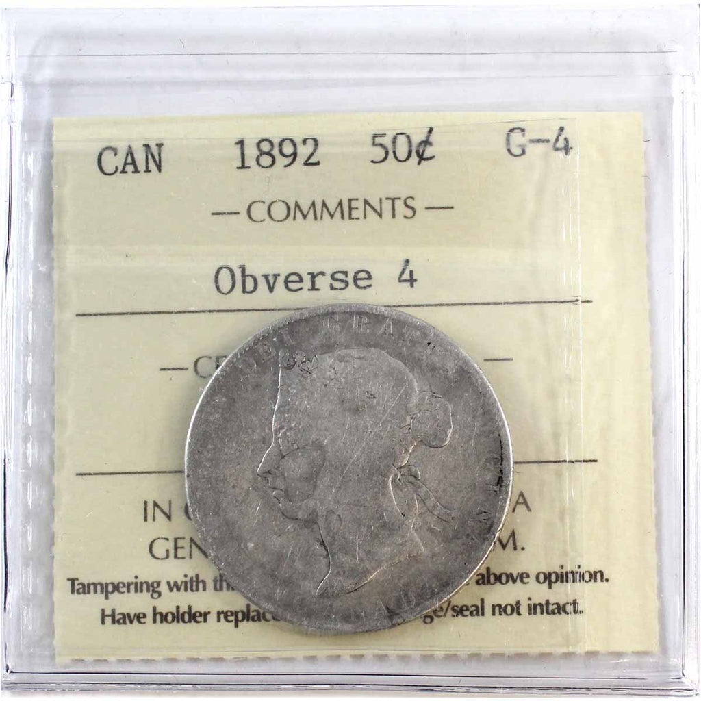 1892 Obv. 4 Canada 50-cents ICCS Certified G4