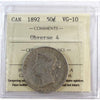 1892 Obv. 4 Canada 50-cents ICCS Certified VG10