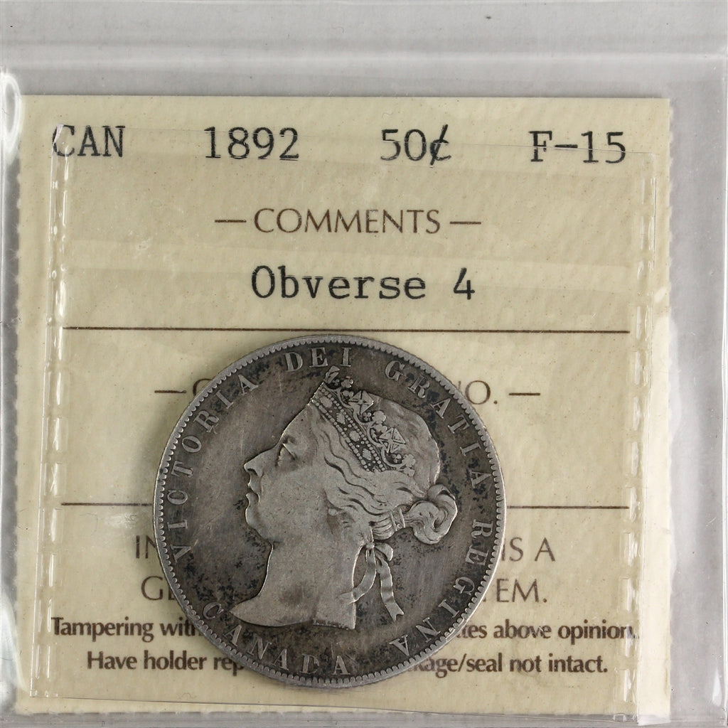 1892 Obv. 4 Canada 50-cents ICCS Certified F15