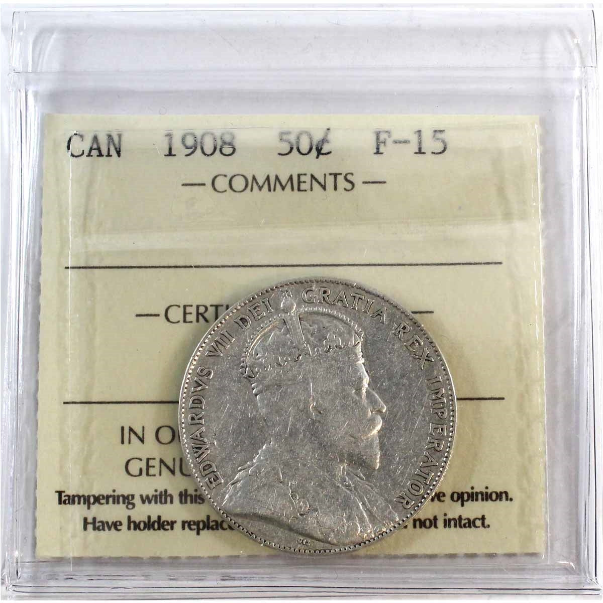 1908 Canada 50-cents ICCS Certified F15