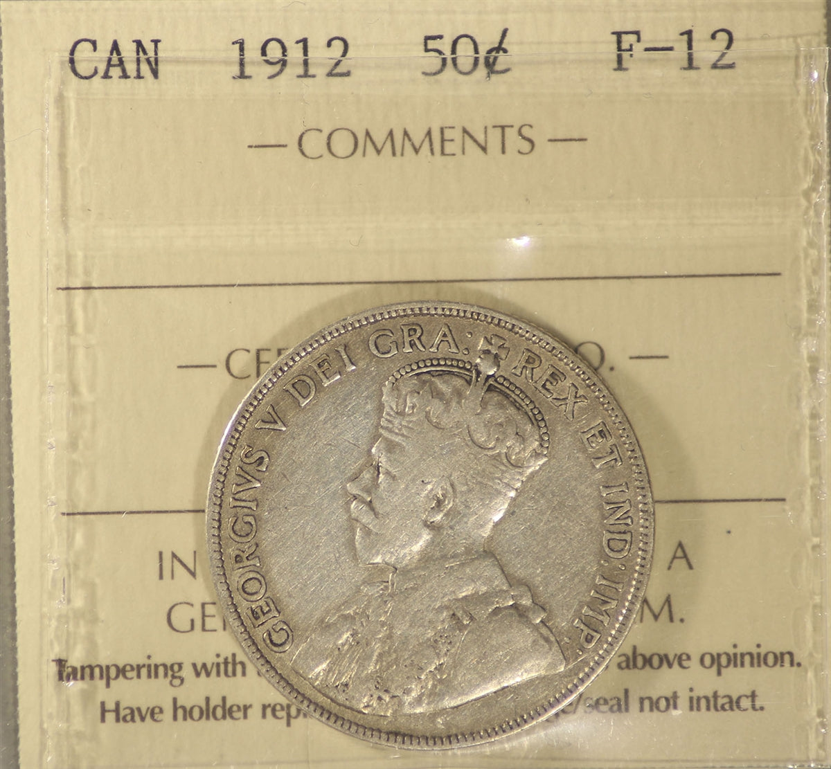 1912 Canada 50-cents ICCS Certified F12