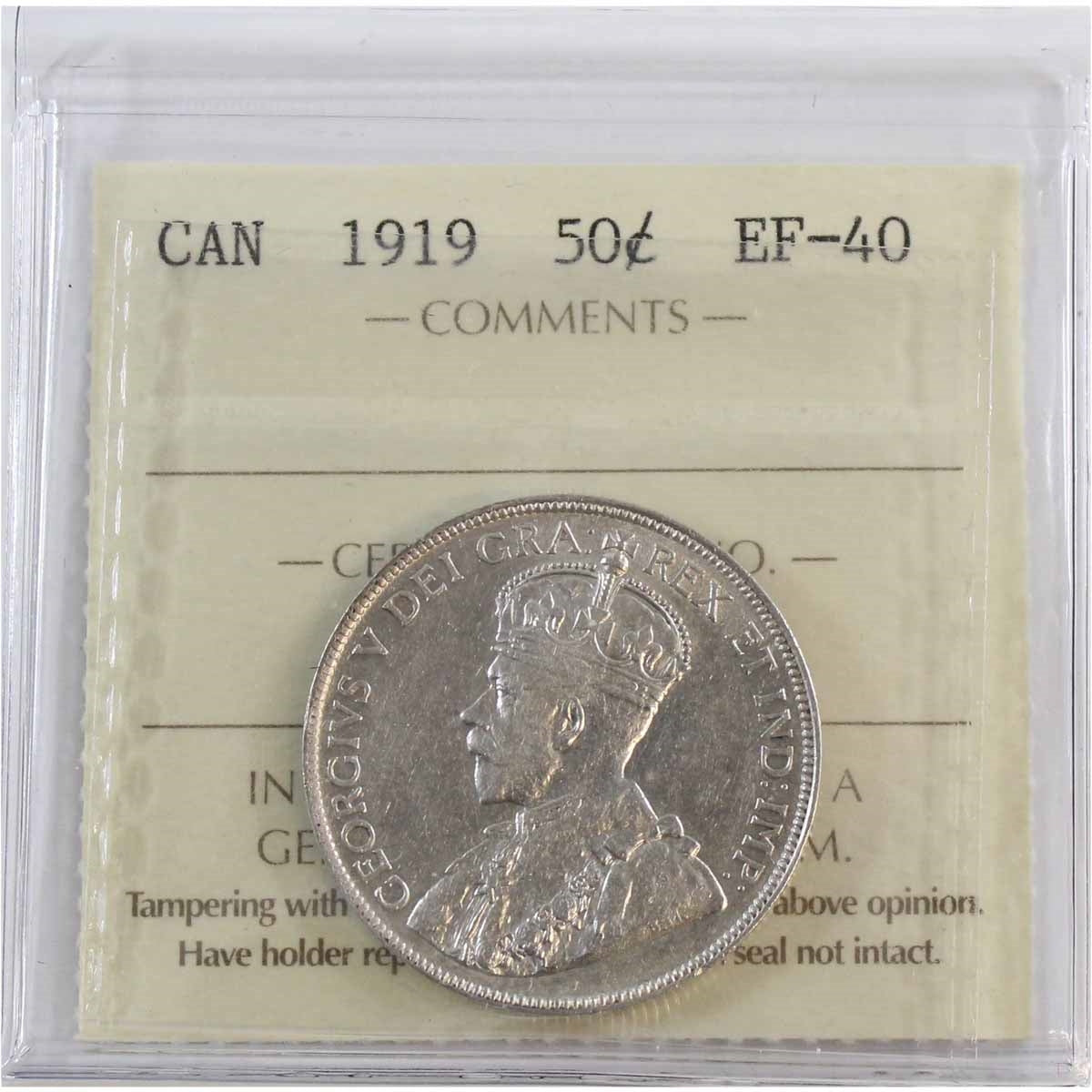 1919 Canada 50-cents ICCS Certified EF40
